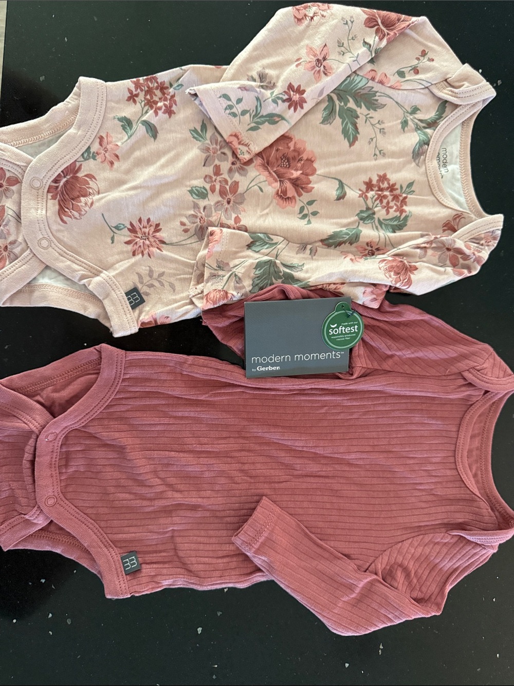 NWT - 0-3M Gerber Floral & Mauve Long-Sleeve Baby Bodysuit 2-Pack